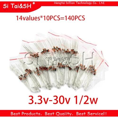 14values*10PCS=140PCS 0.5W regulator 3.3v-30v 1/2w Zener Diode component Assorted kit package new and original