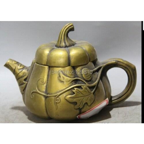 8" Makred Chinese Dynasty Copper Pumpkin Leaf Water Handle Wine Tea Pot Flagon