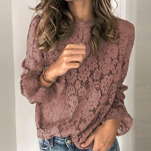 2021 Womens Lace Crochet Flower Blouses Shirt Ladies Casual Solid Color Long Sleeve Shirts Female Autumn O Neck Hallow Out Tops