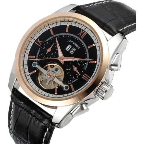 FORSINING Men Mechanical Wrist Watch Leather Strap Tourbillion Sub-dial Calendar Dial Golden Bezel Top Brand Luxury Auto Watch