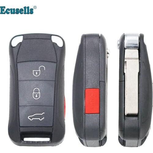 3+Panic 4 Buttons Flip Remote Key Shell case fob for Porsche Cayenne uncut HU66 blade