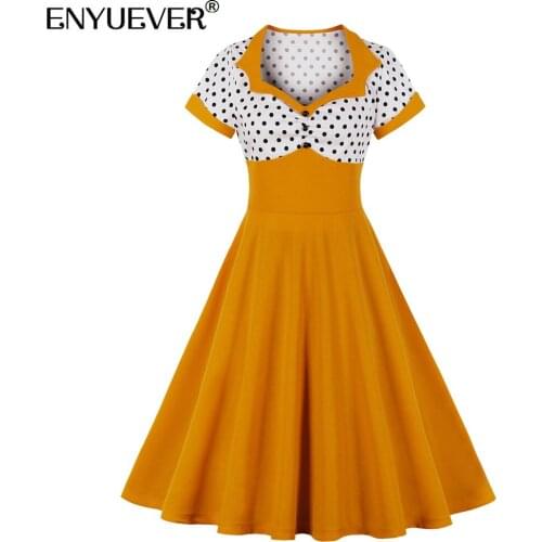 Enyuever Elegant Vintage Dresses 50s 60s Retro Summer Clothes Short Sleeve Polka Dot Patchwork Robe Pin Up Swing Casual Dresses