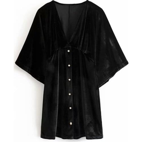 Ew 2020 fashion v neck batwing sleeve shiny buttons velvet mini dress female spring autumn brief mix match vestidos