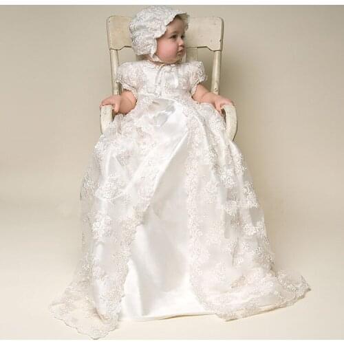 HAPPYPLUS Vintage Ivory Floor Length Christening Dresses for Baby Girls Lace Baby Baptism Gowns Infant Church Wear Clothes