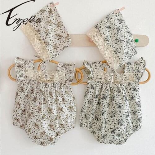 Engepapa Korean Style Toddler Baby Girl Printing Flying Sleeve Cotton Romper+Hat Summer Newborn Baby Girls Jumpsuit