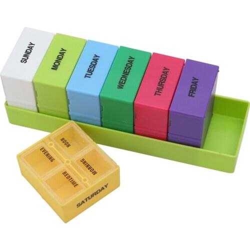 Large Capacity 7 Days Weekly Rainbow Pill Box Medicine Storage Chest 28 Slots Square Pill Box Health Care Portable Medicine Box