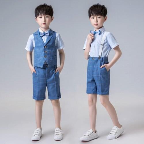 Boys Formal Plaid Suits Sets 2019 Summer Children Vest Shirts Shorts Outfits Kids Wedding Party Performance Costume