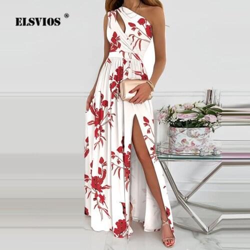 Summer Women Sexy One-shoulder Hollow Out Fashion Print New Long Dress Slim Sleeveless Elegant Split Party Lady Pleated Dresses