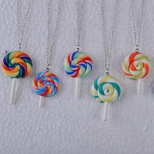 Mix 10pcs Soft ceramic polymer clay rainbow lollipop pendant necklace women girl link chain necklace jewelry fashion jewellery