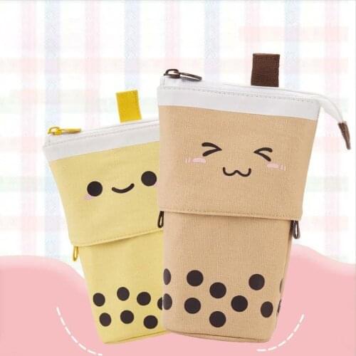 Lovely Milk Tea Pen Bag Cartoon Retractable Pencil Case Stationery Storage Bag Pen Pencil Box Home Office Organizer