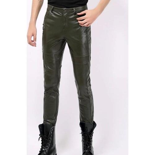 Genuine Leather Pants Men Real Sheepskin Leather Korean Skinny Tight Motorcycle Biker Male Trousers Army Green Black Plus Size