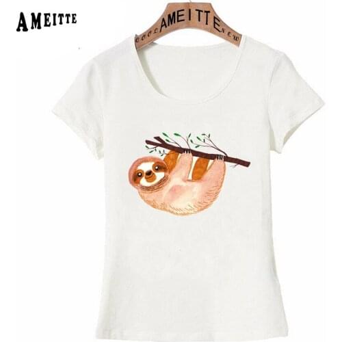 Newest AMEITTE Womens Watercolor Kawaii Sloth T-Shirt Funny Sloth Design Short Sleeve O-Neck Casual Tops Cute Girl Tees