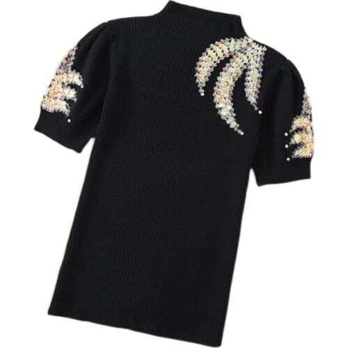 New arrival fashion diamond sequined beading knitted t-shirt women half turtleneck slim top tees