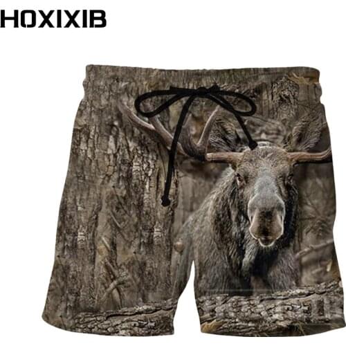 HOXIXIB Moose Hunter Hunting Men Shorts Women Beach Casual 3D Print Animal Jungle Camouflage Hound Chase Prey Elk Antelope Pants