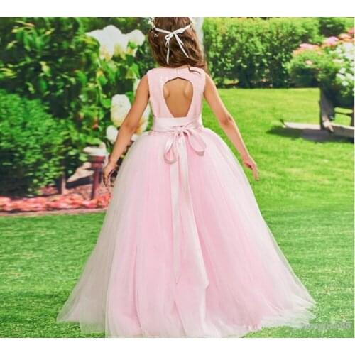 Simple Pink Tulle Flower Girl Dress with Ribbon Keyhole Back Floor Length Cheap Girls Pageant Gowns Sleeveless Kids Wedding Gown