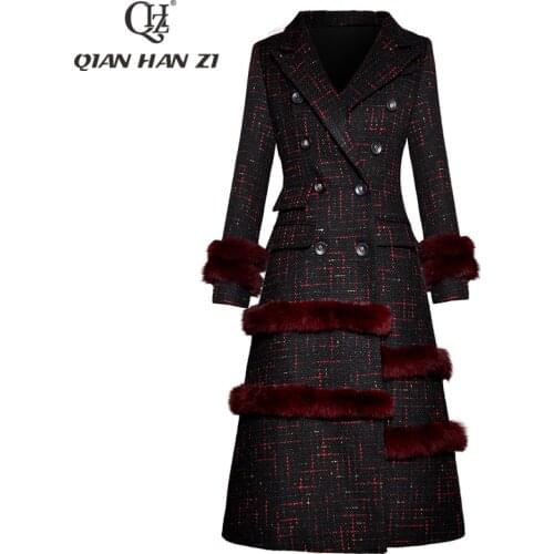 Qian Han Zi 2020 designer long winter coat Womens Long Sleeve Slim Rabbit fur Double Breasted Fashion Jacket Warm Overcoat