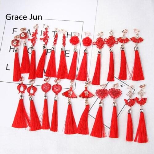 New Luxury Fashion Bride Wedding Chinese Knot Heart Double Fish Clip on Earrings Non Pierced for Women Charm Elegant Earrings