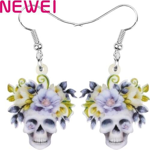 Newei Acrylic Halloween Skull Earrings Aesthetic Flower Skeleton Dangle Drop Jewellery For Women Kids Charm Gift Accessories