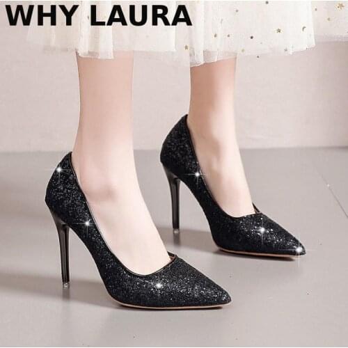 Womens shoes spring and summer new work shoes Korea wild shallow mouth point glitter shoes silver banquet party super high heel