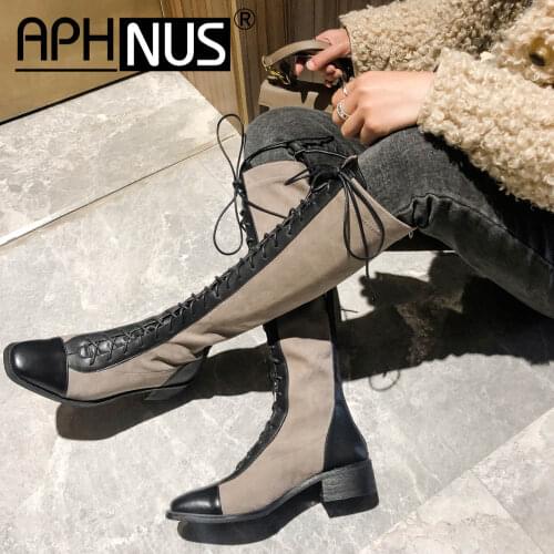 APHNUS Womens Boots Tall Mid Calf Knee Thigh High Leg Flats Low Mid Heels Pumps Boots Woman 2020 Shoes For Women Genuine Leather