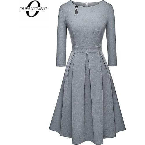 Women Spring Hollow Button Elegant Stylish Party Dresses Brief Solid Color Retro Flare A-Line Dress EA223