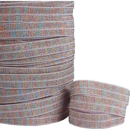 50 yards/lot) Rainbow gradient glitter metallic fold over elastic for hairbands