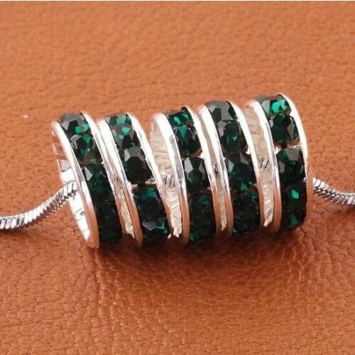 Free Shipping 10mm Dark Green Rhinestone Loose Spacer Charm European Beads Fit Craft Bracelets