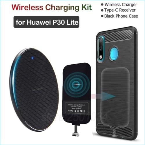 Wireless Charging for Huawei P30 Lite Qi Wireless Charger+USB Type C Receiver Adapter Gift Soft TPU Case for Huawei P30 Lite