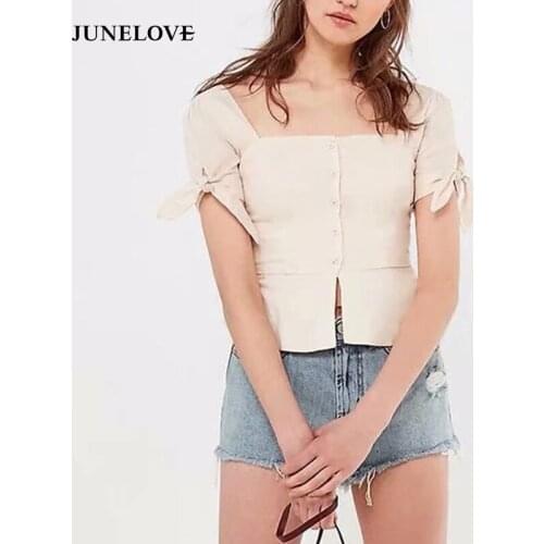 JuneLove women new summer casual cotton linen blouse shirts square collar short slim blouse buttons bow tie sleeve sweet blusas