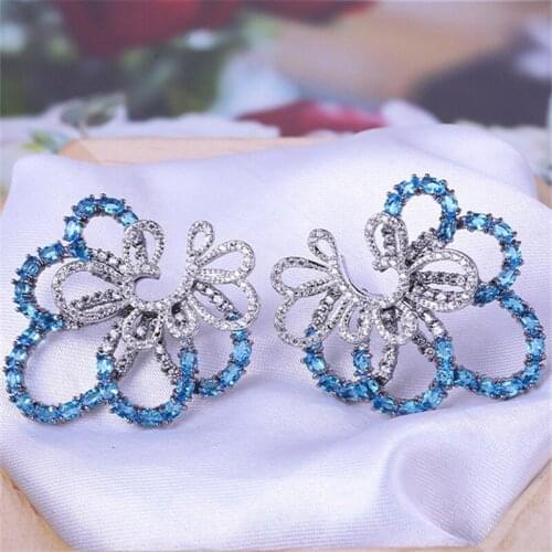 EYER Luxury Elegant Flower Blue Earrings CZ Cubic Zircon Craystal Bridal Earrings Accessories For Women Wedding Jewelry gift