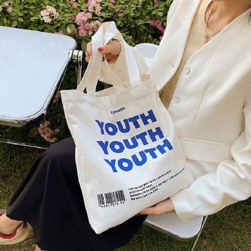 Women Canvas Shopping Bag YOUTH Letters Print Female Cotton Cloth Shoulder Bag Eco Handbag Tote Reusable Grocery Shopper Bags