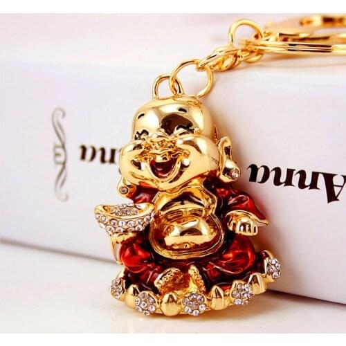 Chinese-Style Creative Crystal Maitreya Buddha Car Key Ring Metal Pendant Key Ring Buddhist Gift