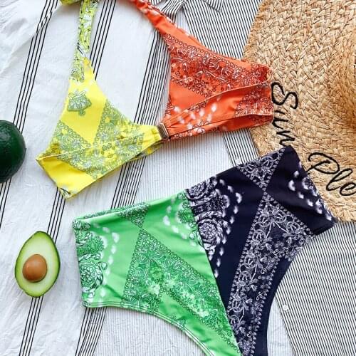 Custom logo label tag print patchwork swimwear women 2021 high waisted swimsuit womens designer beach wear