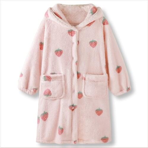 Cute Flannel Pajamas Robe Women Sleepwear Teen Girls Kawaii Strawberry Fluffy Bathrobe Winter Fleece Warm Plush Home Clothes