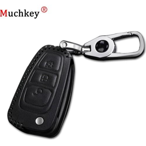 Muchkey Leather Remote Case Car Key Bag Cover with Keychain for Peugeot 3 Buttons Folding Key Luxury Genuine Hand Sew Black Line
