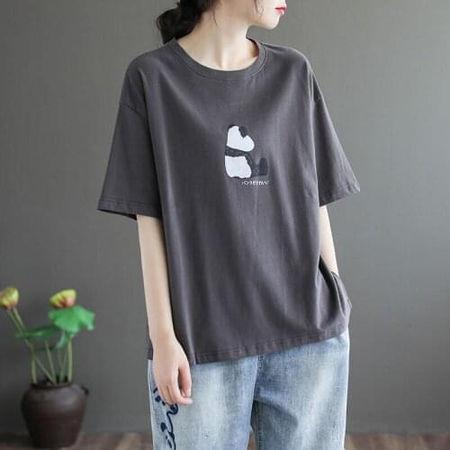 Pure Cotton 2021 New Style Panda Printing Round Neck Short-sleeved T-shirt Women Loose Casual Plus Size T-shirt