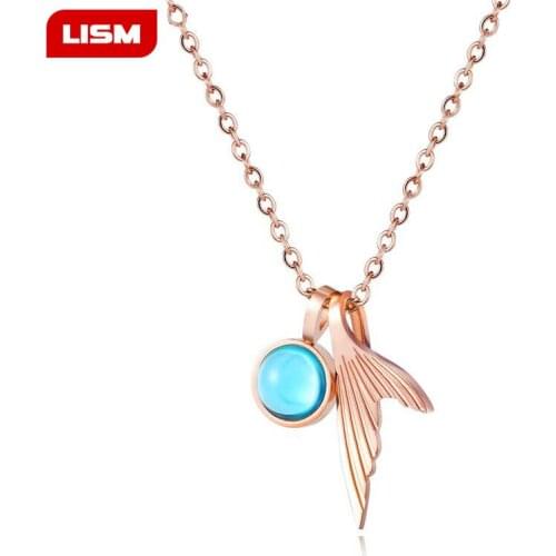 Stainless Steel Fashion Fishtail Blue Crystal Glass Mermaid Foam Necklace For Women Rose Gold Charm Choker Chain Necklace