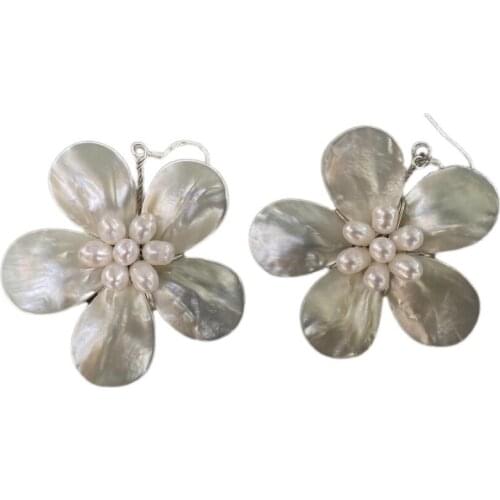 One pair freshwater pearl white +sea shell flower earrings FPPJ unique style