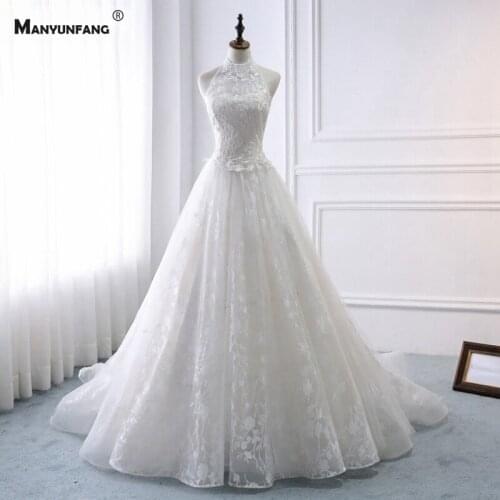 Custom Made Halter Neck Embroidery Appliques Tulle Wedding Dress Elegant Sleeveless Chapel Train Lace Up Back Bridal Ball Gown