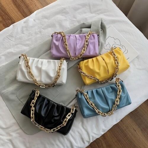 Casual Solid Color Pleated Chain Shoulder Handbags Fashon Women PU Leather Evening Party Clutch Bag Portable Street Travel Purse