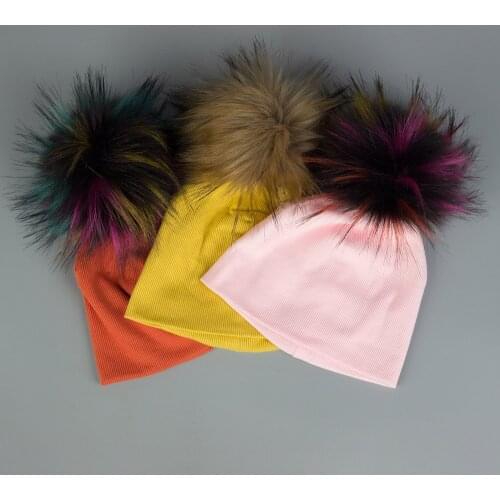 Autumn and Winter Newborn Hat Faux Fur Baby Solid Cotton Cap Pompom Bobble Hat for Kids Winter Boys and Girls Warm Caps