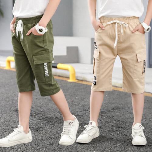 Kids Boys Shorts Children 2021 Summer Teenagers Boys Elastic Waist Cargo Shorts Khaki Beige Army Green Color Child Short Pants