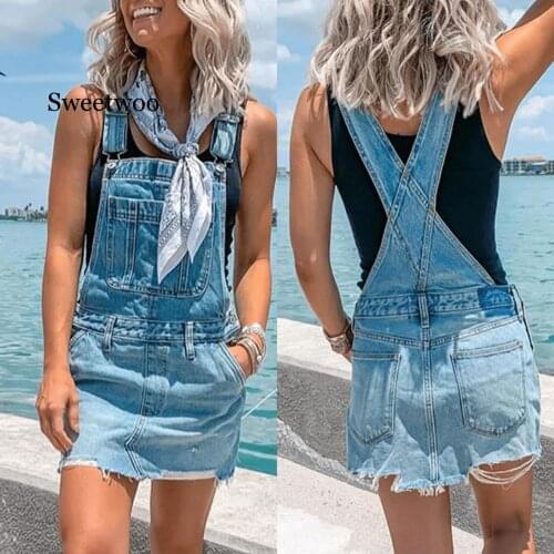 Blue short dress denim sleeveless Women Summer Denim Bib Dresses Slim Spaghetti Straps Pockets Mini Dress Jeans Dress