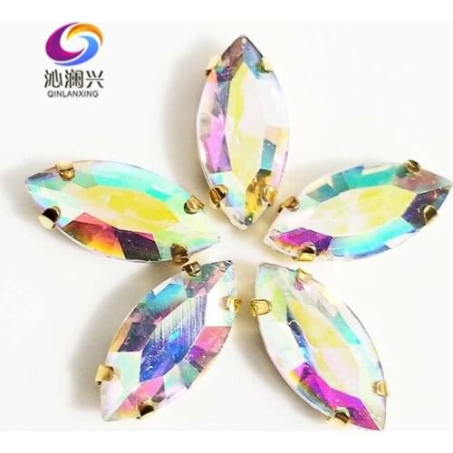 7x15mm/9x18mm/17x32mm Golden bottom AB color eye shape Glass Crystal sew on claw rhinestones,Diy Clothing accessories SWMG06