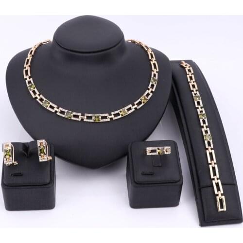 Prom Jewelry New Fashion Gold Color Crystal Austrian Green Zircon Necklace Earring Jewelry Sets Women Gift Necklace Sets