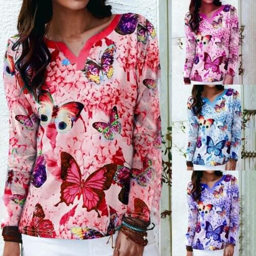 2021 Women T-shirt Positioning Butterfly V Neck Print T Shirt Uniform Clothing Long Sleeve V-neck Working Blouse Top Pullover f