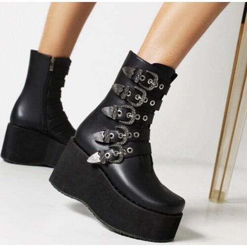 Big Size 35-48 Brand Design Ladies Zip Platform Boots Fashion High Heels Women Wedges retro High Heels Quality black Boots1009-2