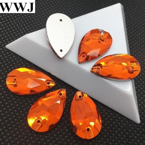 48pcs/lot 13x22mm Orange Red Color Teardrop Glass Crystal Sew on Rhinestone Flatback 2 holes Pear Droplet Sewing Crystal Beads