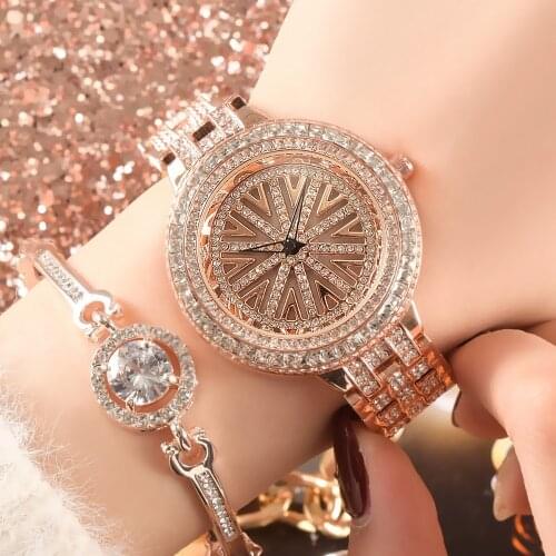 Luxury Brand Rotating Dial Rhinestone Watches for Women Diamond Quartz Waterproof Ladies Elegant Wristwatch Clock Relogio