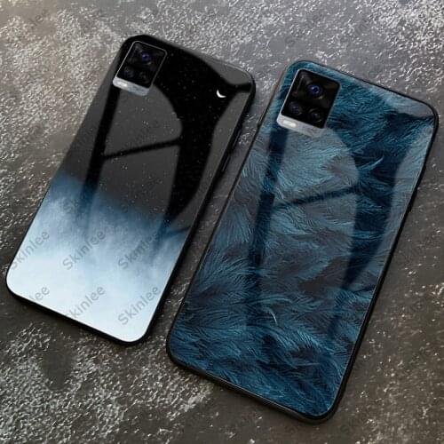 Skinlee For VIVO V21E Case Tempered Glass Case Feather Print Shockproof Cover For vivo V21 Phone Case